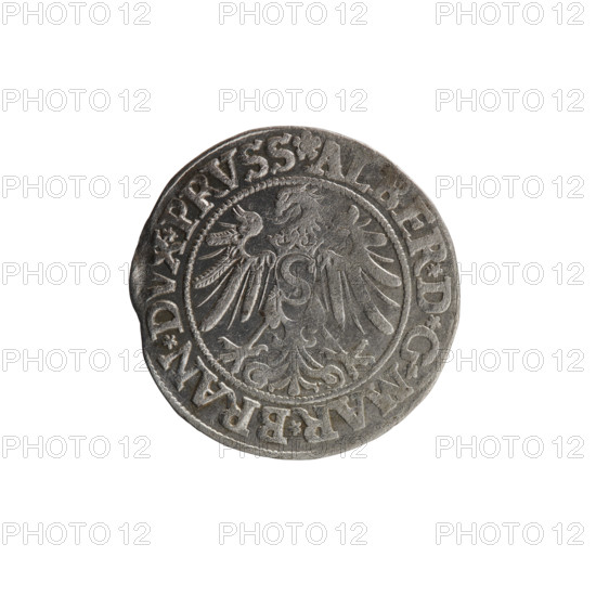 grosz, Straub (Strawb), Heinrich, publisher, Wille, Albrecht (fl. 1520-?), publisher, Decjusz, Jost Ludwik (fl. 1528-1535), Albrecht Hohenzollern (Prince of Prussia; 1490-1568) - iconography, Hohenzollern (coat of arms), eagles, male busts in armour, Aw. Prussian Eagle, on its breast a crowned letter S. Along the rim, between the pearly borders, an inscription beginning with a rosette ALBER*D*G*MAR*BRAN*DVX*PRVSS Rw. Male bust in armor, profile turned to the right, short hair, beard with sideburns. Along the rim, between the pearly borders, an inscription beginning with the Hohenzollern coat of arms shield *IVSTVS*EX*FIDE*VIVIT*I534*, 1534, Ducal Prussia (1525-1701), Königsberg, coin: diameter 23.0 mm, weight 2.05 g, axis 135 degrees.