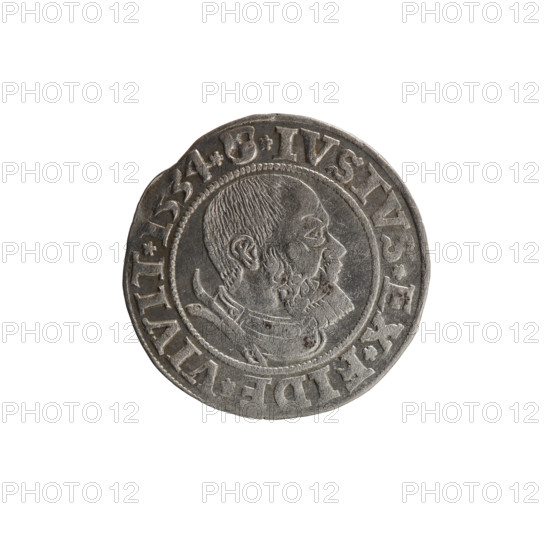 grosz, Straub (Strawb), Heinrich, publisher, Wille, Albrecht (fl. 1520-?), publisher, Decjusz, Jost Ludwik (fl. 1528-1535), Albrecht Hohenzollern (Prince of Prussia; 1490-1568) - iconography, Hohenzollern (coat of arms), eagles, male busts in armour, Aw. Prussian Eagle, on its breast a crowned letter S. Along the rim, between the pearly borders, an inscription beginning with a rosette ALBER*D*G*MAR*BRAN*DVX*PRVSS. Rw. Male bust in armor, profile turned to the right, short hair, beard with sideburns. Along the rim, between the pearly borders, an inscription beginning with the Hohenzollern coat of arms shield *IVSTVS*EX*FIDE*VIVIT*I534*. 1534, Ducal Prussia (1525-1701), Königsberg, coin: diameter 23.0 mm, weight 2.05 g, axis 135 degrees.