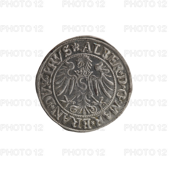 grosz, Straub (Strawb), Heinrich, publisher; Wille, Albrecht (fl. 1520-?), publisher; Decjusz, Jost Ludwik (fl. 1528-1535). Obverse: Prussian eagle, on its breast a crowned letter S; along the rim between pearly borders an inscription beginning with a rosette ALBER*D*G*MAR*BRAN*DVX*PRVS. Reverse: male bust in armour, profile turned to the right, short hair, beard with sideburns; along the rim between pearly borders an inscription beginning with the Hohenzollern coat of arms shield *IVSTVS*EX*FIDE*VIVIT*I534*. 1534. Ducal Prussia (1525–1701), Königsberg. Coin; diameter 23.6 mm; weight 1.95 g; axis 45 degrees.