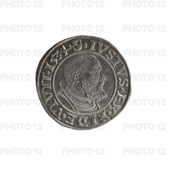 grosz; Straub (Strawb), Heinrich, publisher; Wille, Albrecht (fl. 1520-?), publisher; Decjusz, Jost Ludwik (fl. 1528-1535); eagles; Albrecht Hohenzollern (Prince of Prussia; 1490-1568) - iconography; male busts in armour; Hohenzollern (coat of arms); Aw. Prussian Eagle, on its breast a crowned letter S. Along the rim, between the pearly borders, an inscription beginning with a rosette ALBER*D*G*MAR*BRAN*DVX*PRVS. Rw. Male bust in armor, profile turned to the right, short hair, beard with sideburns. Along the rim, between the pearly borders, an inscription beginning with the Hohenzollern coat of arms shield *IVSTVS*EX*FIDE*VIVIT*I534*. 1534. Ducal Prussia (1525-1701), Königsberg. Coin: diameter 23.6 mm, weight 1.95 g, axis 45 degrees.