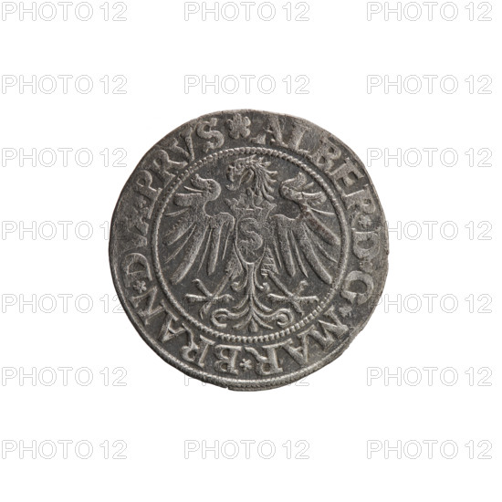 grosz; Straub (Strawb), Heinrich, publisher; Wille, Albrecht (fl. 1520-?), publisher; Decjusz, Jost Ludwik (fl. 1528-1535); Albrecht Hohenzollern (Prince of Prussia; 1490-1568) — iconography: eagles, Hohenzollern (coat of arms), male busts in armour; obverse: Prussian Eagle, on its breast a crowned letter S; along the rim between pearly borders an inscription beginning with a rosette ALBER*D*G*MAR*BRAN*DVX*PRVS; reverse: male bust in armor, profile turned to the right, short hair, beard with sideburns; along the rim between pearly borders an inscription beginning with the Hohenzollern coat of arms shield *IVSTVS*EX*FIDE*VIVIT*I534*; 1534; Ducal Prussia (1525–1701), Königsberg; coin, diameter 23.0 mm, weight 1.92 g, axis 270°