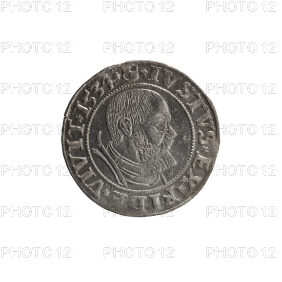 grosz; Straub (Strawb), Heinrich, publisher; Wille, Albrecht (fl. 1520-?), publisher; Decjusz, Jost Ludwik (fl. 1528-1535); Albrecht Hohenzollern (Prince of Prussia; 1490-1568) — iconography: eagles, Hohenzollern (coat of arms), male busts in armour; Avers: Prussian Eagle, on its breast a crowned letter S; along the rim, between the pearly borders, an inscription beginning with a rosette ALBER*D*G*MAR*BRAN*DVX*PRVS; Revers: male bust in armor, profile turned to the right, short hair, beard with sideburns; along the rim, between the pearly borders, an inscription beginning with the Hohenzollern coat of arms shield *IVSTVS*EX*FIDE*VIVIT*I534*; date: 1534; place: Ducal Prussia (1525–1701), Königsberg; object: coin; dimensions: diameter 23.0 mm, weight 1.92 g, axis 270°
