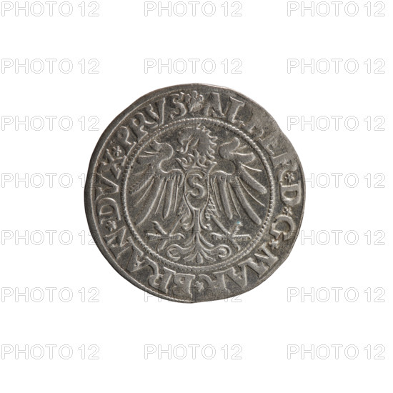 grosz, Straub (Strawb), Heinrich, publisher, Wille, Albrecht (fl. 1520-?), publisher, Decjusz, Jost Ludwik (fl. 1528-1535), eagles, Albrecht Hohenzollern (Prince of Prussia; 1490-1568) - iconography, Hohenzollern (coat of arms), male busts in armour, Aw. Prussian Eagle, on its breast a crowned letter S. Along the rim, between the pearly borders, an inscription beginning with a rosette ALBER*D*G*MAR*BRAN*DVX*PRVS. Rw. Male bust in armor, profile turned to the right, short hair, beard with sideburns. Along the rim, between the pearly borders, an inscription beginning with the Hohenzollern coat of arms shield *IVSTVS*EX*FIDE*VIVIT*I534*. 1534, Ducal Prussia (1525-1701), Königsberg, coin: diameter 23.2 mm, weight 1.90 g, axis 0 deg.