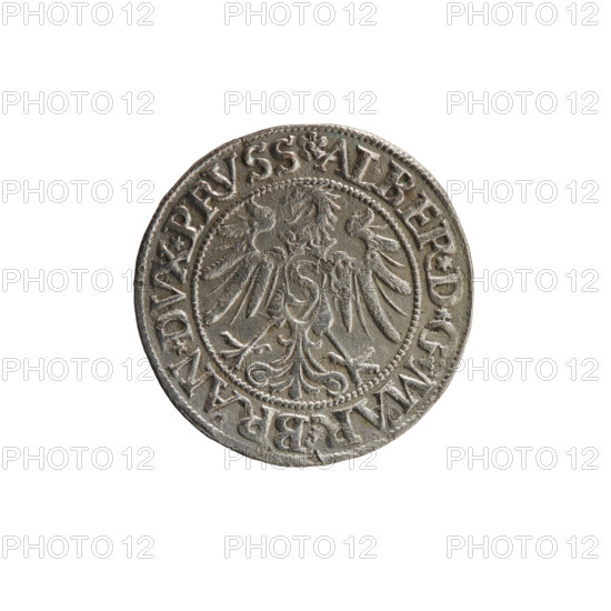 grosz, Straub (Strawb), Heinrich, publisher, Wille, Albrecht (fl. 1520-?), publisher, Decjusz, Jost Ludwik (fl. 1528-1535), Albrecht Hohenzollern (Prince of Prussia; 1490-1568) - iconography, eagles, Hohenzollern (coat of arms), male busts in armour, Aw. Prussian Eagle, on its breast a crowned letter S. Along the rim, between the pearly borders, an inscription beginning with a rosette ALBER*D*G*MAR*BRAN*DVX*PRVSS. Rv. Male bust in armor, profile turned to the right, short hair, beard with sideburns. Along the rim, between the pearly borders, an inscription beginning with the Hohenzollern coat of arms *IVSTVS*EX*FIDE*VIVIT*I534*. 1534, Ducal Prussia (1525-1701), Königsberg, coin: diameter 23.2 mm, weight 1.75 g, axis 200 degrees.