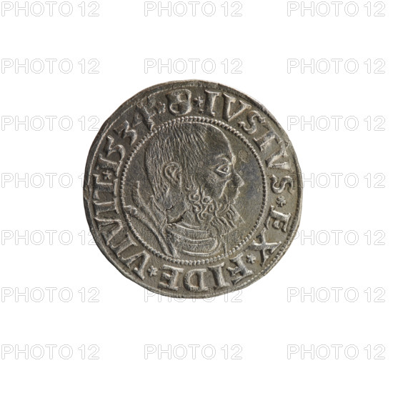 Grosz, Straub (Strawb), Heinrich, publisher; Wille, Albrecht (fl. 1520-?), publisher; Decjusz, Jost Ludwik (fl. 1528-1535). Albrecht Hohenzollern (Prince of Prussia; 1490–1568) — iconography: eagles, Hohenzollern coat of arms, male busts in armour. Aw. Prussian Eagle with on its breast a crowned letter S. Along the rim, between pearly borders, an inscription beginning with a rosette ALBER*D*G*MAR*BRAN*DVX*PRVSS. Rw. Male bust in armor, profile turned to the right, short hair, beard with sideburns. Along the rim, between pearly borders, an inscription beginning with the Hohenzollern coat of arms *IVSTVS*EX*FIDE*VIVIT*I534*. 1534. Ducal Prussia (1525–1701), Königsberg. Coin: diameter 23.2 mm, weight 1.75 g, axis 200°.