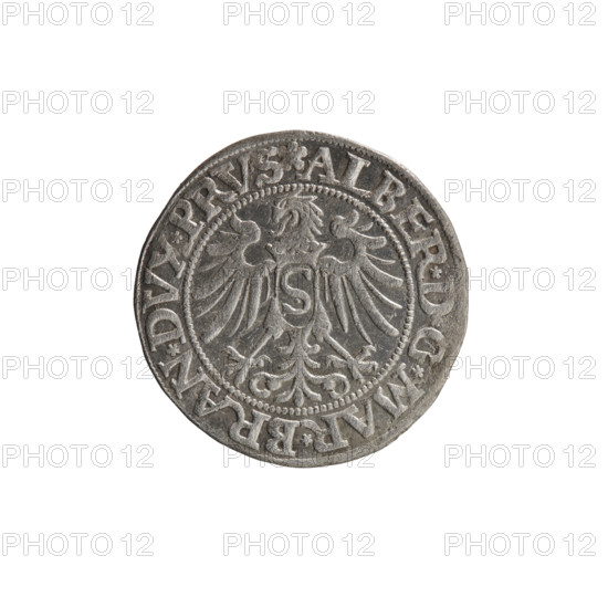 grosz, Straub (Strawb), Heinrich, publisher, Wille, Albrecht (fl. 1520-?), publisher, Decjusz, Jost Ludwik (fl. 1528-1535), Albrecht Hohenzollern (Prince of Prussia; 1490-1568) - iconography, eagles, male busts in armour, Hohenzollern (coat of arms), Aw. Prussian Eagle, on its breast a crowned letter S. Along the rim, between the pearly borders, an inscription beginning with a rosette ALBER*D*G*MAR*BRAN*DVX*PRVS. Rw. Male bust in armor, profile turned to the right, short hair, beard with sideburns. Along the rim, between the pearly borders, an inscription beginning with the Hohenzollern coat of arms *IVSTVS*EX*FIDE*VIVIT*I534*. 1534, Ducal Prussia (1525-1701), Königsberg, coin: diameter 22.9 mm, weight 1.90 g, axis 60 degrees.