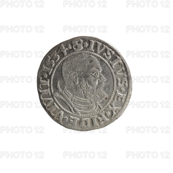 grosz, Straub (Strawb), Heinrich, publisher; Wille, Albrecht (fl. 1520-?), publisher; Decjusz, Jost Ludwik (fl. 1528-1535); Albrecht Hohenzollern (Prince of Prussia; 1490-1568) — iconography: eagles, male busts in armour, Hohenzollern coat of arms, Prussian Eagle with a crowned letter S on its breast. Obverse: Along the rim, between pearly borders, an inscription beginning with a rosette ALBER*D*G*MAR*BRAN*DVX*PRVS. Reverse: Male bust in armor, profile turned to the right, short hair, beard with sideburns; along the rim, between pearly borders, an inscription beginning with the Hohenzollern coat of arms *IVSTVS*EX*FIDE*VIVIT*I534*. Date: 1534. Place: Ducal Prussia (1525–1701), Königsberg. Object: coin. Dimensions: diameter 22.9 mm, weight 1.90 g, axis 60 degrees.