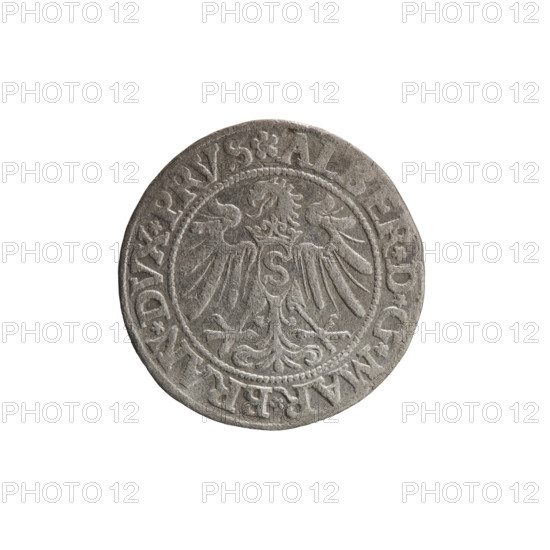 grosz, Decius, Jost Ludwik (fl. 1528–1535), Wille, Albrecht (fl. 1520–?), publisher, Straub (Strawb), Heinrich, publisher. Albrecht Hohenzollern (Prince of Prussia; 1490–1568) — iconography: eagles, Hohenzollern (coat of arms), male busts in armour. Aw. Prussian Eagle, on its breast a crowned letter S. Along the rim, between the pearly borders, an inscription beginning with a rosette AL, ER*D*G*MAR*BRAN*DVX*PRVS. Rw. Male bust in armor, profile turned to the right, short hair, beard with sideburns. Along the rim, between the pearly borders, an inscription beginning with the Hohenzollern coat of arms *IVSTVS*EX*FIDE*VIVIT*I534*. 1534. Ducal Prussia (1525–1701), Königsberg. Coin: diameter 23.2 mm, weight 1.78 g, axis 0°.