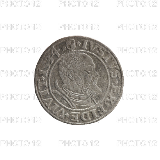 grosz, Decius, Jost Ludwik (fl. 1528-1535), Wille, Albrecht (fl. 1520-?), publisher, Straub (Strawb), Heinrich, publisher, Albrecht Hohenzollern (Prince of Prussia; 1490-1568) - iconography, eagles, Hohenzollern (coat of arms), male busts in armour, Aw. Prussian Eagle, on its breast a crowned letter S. Along the rim, between the pearly borders, an inscription beginning with a rosette AL, ER*D*G*MAR*BRAN*DVX*PRVS Rw. Male bust in armor, profile turned to the right, short hair, beard with sideburns. Along the rim, between the pearly borders, an inscription beginning with the Hohenzollern coat of arms *IVSTVS*EX*FIDE*VIVIT*I534*, 1534, Ducal Prussia (1525-1701), Königsberg, coin, coin: diameter 23.2 mm, weight 1.78 g, axis 0 deg.