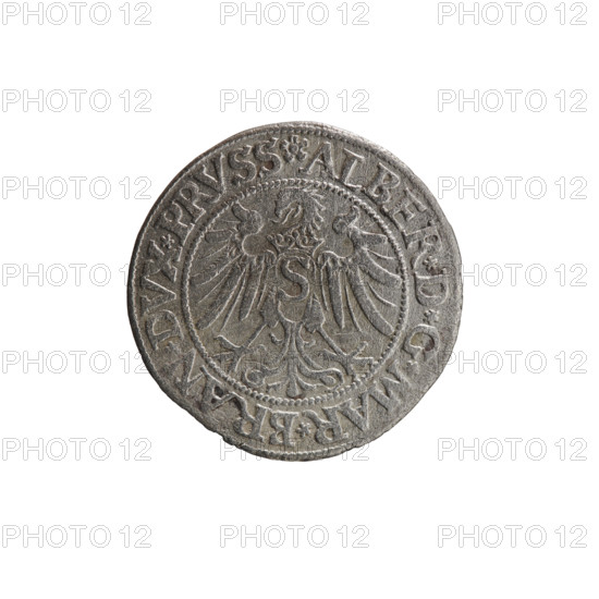 grosz, Decius, Jost Ludwik (fl. 1528-1535), Straub (Strawb), Heinrich, publisher, Wille, Albrecht (fl. 1520-?), publisher. Albrecht Hohenzollern (Prince of Prussia; 1490-1568) - iconography: Hohenzollern (coat of arms), eagles, male busts in armour. Aw. Prussian Eagle, on its breast a crowned letter S. Along the rim, between the pearly borders, an inscription beginning with a rosette ALBER*D*G*MAR*BRAN*DVX*PRVSS. Rw. Male bust in armor, profile turned to the right, short hair, beard with sideburns. Along the rim, between the pearly borders, an inscription beginning with the Hohenzollern coat of arms shield *IVSTVS*EX*FIDE*VIVIT*I534*. 1534, Ducal Prussia (1525-1701), Königsberg. Coin: diameter 23.3 mm, weight 1.87 g, axis 0°.