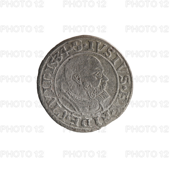 grosz, Decius, Jost Ludwik (fl. 1528-1535), Straub (Strawb), Heinrich, publisher, Wille, Albrecht (fl. 1520-?), publisher. Albrecht Hohenzollern (Prince of Prussia; 1490-1568) - iconography: Hohenzollern coat of arms, eagles, male busts in armour. Obverse: Prussian Eagle, on its breast a crowned letter S; along the rim, between pearly borders, an inscription beginning with a rosette ALBER*D*G*MAR*BRAN*DVX*PRVSS. Reverse: male bust in armor, profile turned to the right, short hair, beard with sideburns; along the rim, between pearly borders, an inscription beginning with the Hohenzollern coat of arms shield *IVSTVS*EX*FIDE*VIVIT*I534*. Date: 1534. Place: Ducal Prussia (1525-1701), Königsberg. Object: coin; diameter 23.3 mm; weight 1.87 g; axis 0°.