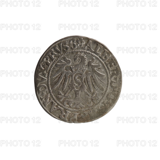 grosz, Decius, Jost Ludwik (fl. 1528-1535), Albrecht Hohenzollern (Prince of Prussia; 1490-1568) - iconography, eagles, male busts in armor, Hohenzollern (coat of arms). Obverse: Prussian eagle, on his chest a crowned letter S. In the rim between the pearl borders an inscription beginning with a rosette ALBER*, BRAN*DVX*PRVSS. Reverse: Male bust in armor in profile turned to the right, short hair, beard with sideburns. On the rim, between the pearl borders, an inscription beginning with the Hohenzollern coat of arms: *IVSTVS*EX*FIDE*VIVIT*I535*. 1535, Ducal Prussia (1525-1701), Königsberg. Coin: diameter 22.8 mm, weight 2.01 g, axis 225°.