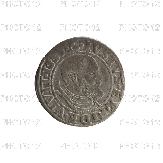 grosz, Decius, Jost Ludwik (fl. 1528-1535), Albrecht Hohenzollern (Prince of Prussia; 1490-1568) - iconography: eagles, male busts in armor, Hohenzollern (coat of arms). Obverse: Prussian eagle, on his chest a crowned letter S; in the rim between the pearl borders an inscription beginning with a rosette ALBER* BRAN*DVX*PRVSS. Reverse: male bust in armor in profile turned to the right, short hair, beard with sideburns; on the rim, between the pearl borders, an inscription beginning with the Hohenzollern coat of arms: *IVSTVS*EX*FIDE*VIVIT* I535*. Date: 1535. Place: Ducal Prussia (1525–1701), Königsberg. Object: coin; diameter 22.8 mm; weight 2.01 g; axis 225°.
