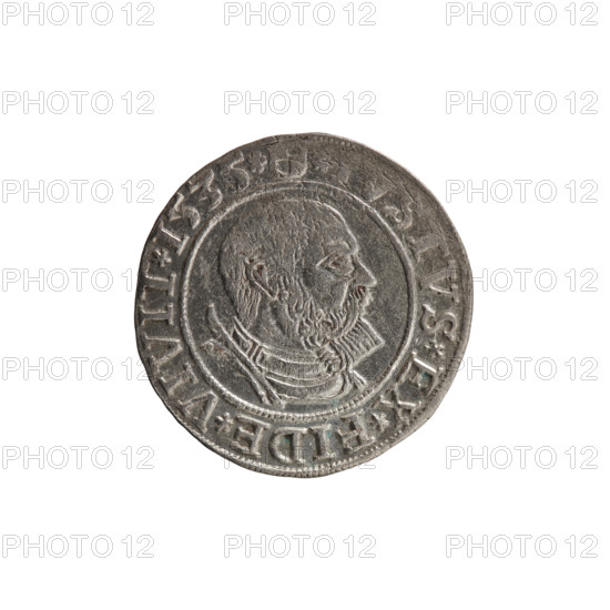 Decius Grosz, Jost Ludwik (fl. 1528–1535). Silver coin, 1535, Ducal Prussia (Königsberg). Obverse: Prussian eagle, on its chest a crowned letter S; in the rim between pearl borders an inscription beginning with a rosette in the shape of a cornflower: ALBER*D*G*MAR*BRAN*DVX*PRVSS. Reverse: male bust in armor in profile to the right, short hair, beard with sideburns; in the rim between pearl borders an inscription beginning with the Hohenzollern coat of arms: STVS*EX*FIDE*VIVIT*I535*. Diameter 23.3 mm, weight 1.80 g, axis 90°.