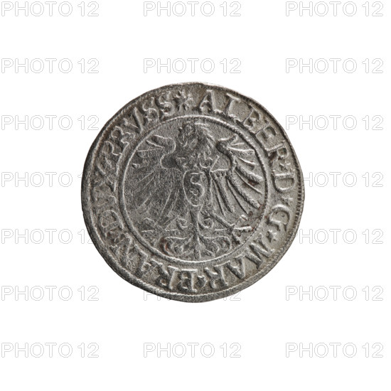 grosz, Decius, Jost Ludwik (fl. 1528–1535), Albrecht Hohenzollern (Prince of Prussia; 1490–1568) — iconography: eagles, Hohenzollern (coat of arms), male busts in armor. Obverse: Prussian eagle, on his chest a crowned letter S; in the rim between the pearl borders an inscription beginning with a rosette in the shape of a cornflower ALBER*D*G*MAR*BRAN, DVX*PRVSS. Reverse: Male bust in armor in profile turned to the right, short hair, beard with sideburns; in the rim between the pearl borders an inscription beginning with the Hohenzollern coat of arms *IVSTVS*EX*FIDE*VIVIT* I535*. 1535, Ducal Prussia (1525–1701), Königsberg. Coin: diameter 23.4 mm, weight 1.85 g, axis 190°.