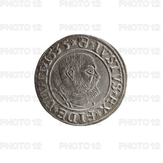 grosz, Decius, Jost Ludwik (fl. 1528–1535), Albrecht Hohenzollern (Prince of Prussia; 1490–1568) — iconography: eagles, Hohenzollern (coat of arms), male busts in armor. Obverse: Prussian eagle, on his chest a crowned letter S; in the rim between the pearl borders an inscription beginning with a rosette in the shape of a cornflower ALBER*D*G*MAR*BRAN, DVX*PRVSS. Reverse: male bust in armor in profile turned to the right, short hair, beard with sideburns; in the rim, between the pearl borders, an inscription beginning with the Hohenzollern coat of arms *IVSTVS*EX*FIDE*VIVIT* I535*. 1535, Ducal Prussia (1525–1701), Königsberg. Coin: diameter 23.4 mm, weight 1.85 g, axis 190°.