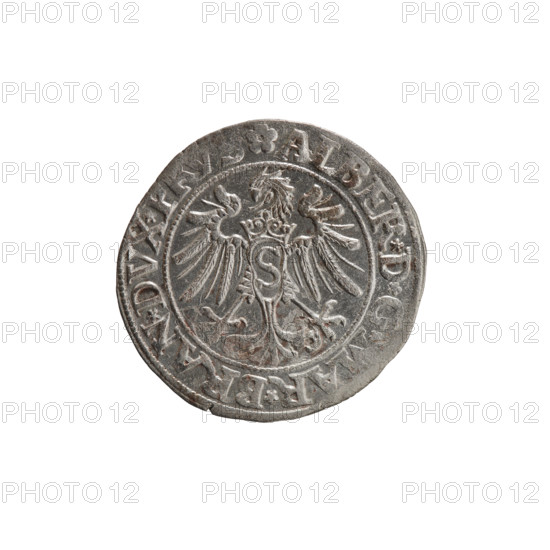 grosz, Decius, Jost Ludwik (fl. 1528–1535); Obverse: Prussian eagle with on its chest a crowned letter S; in the rim between pearl borders an inscription beginning with a rosette ALBER*D*G, AR*BRAN*DVX*; Reverse: male bust in armor in profile facing right, short hair, beard with sideburns; in the rim between pearl borders an inscription beginning with the Hohenzollern coat of arms *IV, S*EX*FIDE*VIVIT*I535*; 1535, Königsberg, Ducal Prussia (1525–1701); coin; diameter 23.3 mm; weight 2.07 g; axis 150°