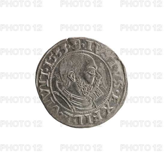 grosz, Decius, Jost Ludwik (fl. 1528-1535); eagles; Albert of Prussia (Prince of Prussia; 1490-1568) — iconography; Hohenzollern (coat of arms); male busts in armor. Obverse: Prussian eagle, on its chest a crowned letter S; in the rim between the pearl borders an inscription beginning with a rosette ALBER*D*G, AR*BRAN*DVX*. Reverse: male bust in armor in profile turned to the right, short hair, beard with sideburns; in the rim between the pearl borders an inscription beginning with the Hohenzollern coat of arms *IV, S*EX*FIDE*VIVIT* I535*. Date: 1535, Königsberg, Ducal Prussia (1525–1701). Medium: coin; diameter 23.3 mm, weight 2.07 g, axis 150 degrees.