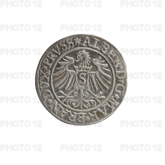 grosz, Decius, Jost Ludwik (fl. 1528–1535); eagles; Albert of Prussia (Prince of Prussia; 1490–1568) — iconography; male busts in armor; Hohenzollern (coat of arms). Obverse: Prussian eagle, on its chest a crowned letter S. In the rim between the pearl borders an inscription beginning with a rosette in the shape of a cornflower: ALBER*D*G*MAR*BRAN*DVX*PRVSS. Reverse: male bust in armor in profile turned to the right, short hair, beard with sideburns. In the rim, between the pearl borders, an inscription beginning with the Hohenzollern coat of arms: *IVSTVS*EX*FIDE*VIVIT*I535*. Date: 1535, Königsberg, Ducal Prussia (1525–1701). Coin; diameter 23.1 mm; weight 1.97 g; axis 135°.