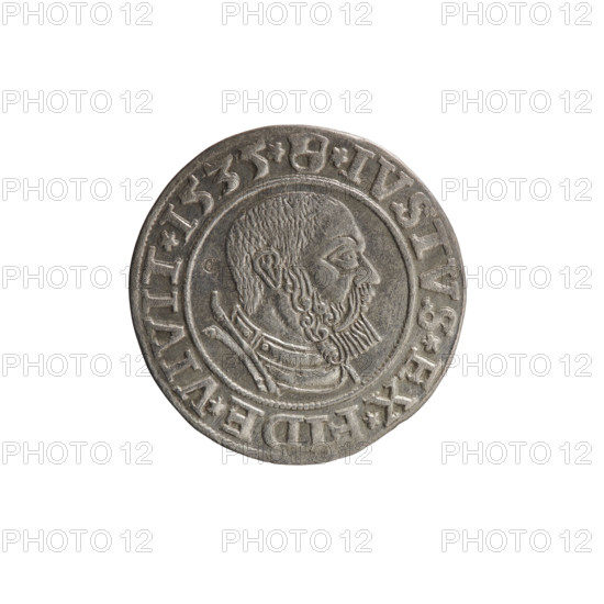 grosz, Decius, Jost Ludwik (fl. 1528-1535), eagles, Albert of Prussia (Prince of Prussia; 1490-1568) - iconography, male busts in armor, Hohenzollern (coat of arms). Obverse: Prussian eagle, on his chest a crowned letter S. In the rim between the pearl borders an inscription beginning with a rosette in the shape of a cornflower ALBER*D*G*MAR*BRAN*DVX*PRVSS. Reverse: Male bust in armor in profile turned to the right, short hair, beard with sideburns. In the rim, between the pearl borders, an inscription beginning with the Hohenzollern coat of arms *IVSTVS*EX*FIDE*VIVIT* I535*. 1535, Königsberg, Ducal Prussia (1525-1701). Coin; diameter 23.1 mm; weight 1.97 g; axis 135 degrees.