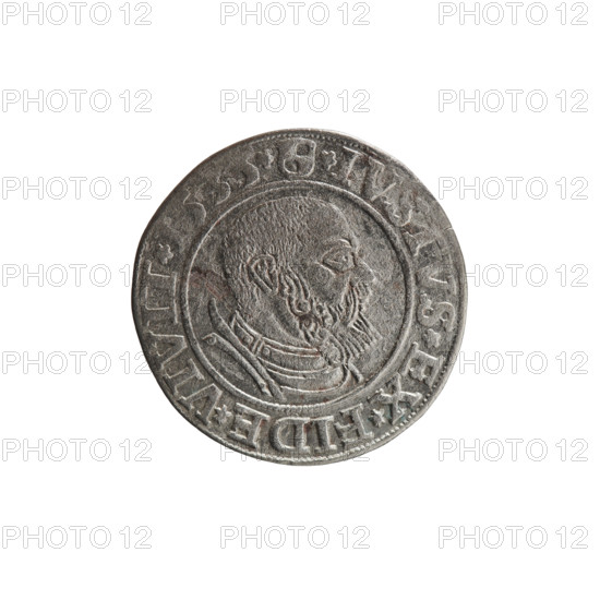 Decius Grosz, Jost Ludwik (fl. 1528–1535). Coin (1535), Königsberg, Ducal Prussia. Obverse: Prussian eagle, on its chest a crowned letter S; in the rim between the pearl borders an inscription beginning with a rosette in the shape of a cornflower, D·G*MAR*BRAN*DVX*PRVSS. Reverse: male bust in armor in profile turned to the right, short hair, beard with sideburns; in the rim between the pearl borders an inscription beginning with the Hohenzollern coat of arms *IVSTVS*EX*FIDE*VIVIT*I. Diameter 23.0 mm; weight 1.91 g; axis 300°.