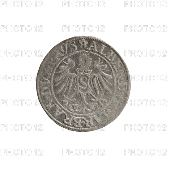grosz, Decius, Jost Ludwik (fl. 1528-1535); Albrecht Hohenzollern (Prince of Prussia; 1490-1568) - iconography: male busts in armor, Hohenzollern coat of arms. Obverse: Prussian eagle, on his chest a crowned letter S; in the rim between the pearl borders an inscription beginning with a rosette ALBER*D, MAR*BRAN*DVX, RVS. Reverse: male bust in armor in profile turned to the right, short hair, beard with sideburns; in the rim between the pearl borders an inscription beginning with the Hohenzollern coat of arms - trefoil-shaped interword marks IV, VS EX FID, VIT I535. Date: 1535, Königsberg, Ducal Prussia (1525–1701). Object: coin; diameter 23.3 mm, weight 1.94 g, axis 0°.