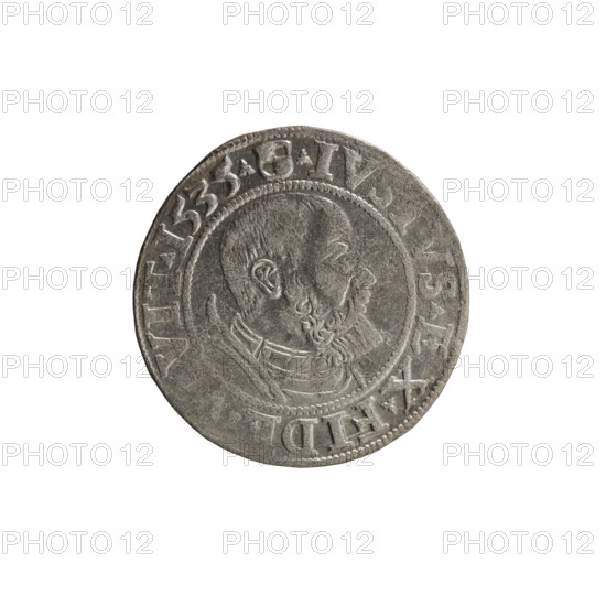 grosz, Decius, Jost Ludwik (fl. 1528–1535); Albrecht Hohenzollern (Prince of Prussia; 1490–1568) — iconography: male busts in armor, Hohenzollern coat of arms. Obverse: Prussian eagle, on its chest a crowned letter S; in the rim between pearl borders an inscription beginning with a rosette ALBER*D, MAR*BRAN*DVX, RVS. Reverse: male bust in armor in profile turned to the right, short hair, beard with sideburns; in the rim between the pearl borders an inscription beginning with the Hohenzollern coat of arms — trefoil-shaped interword marks IV, VS EX FID, VIT I535. Date: 1535, Königsberg, Ducal Prussia (1525–1701). Object: coin; diameter 23.3 mm; weight 1.94 g; axis 0°.