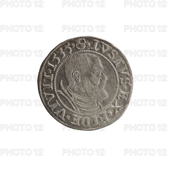 Decius Grosz, Jost Ludwik (fl. 1528–1535). 1535. Coin (diameter 23.0 mm, weight 2.00 g, axis 260°). Obverse: Prussian eagle; on its chest a crowned letter S. In the rim between the pearl borders an inscription beginning with a rosette ALBER*D*G*MAR*BRAN*DVX*PRVSS. Reverse: male bust in armor in profile to the right, short hair, beard with sideburns; in the rim between the pearl borders an inscription beginning with the Hohenzollern coat of arms *IVSTVS*EX*FIDE*VIVIT*I535*. Albrecht Hohenzollern (Prince of Prussia; 1490–1568) — iconography; Hohenzollern coat of arms. Minted in Königsberg, Ducal Prussia (1525–1701).