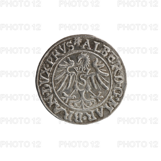 grosz, Decius, Jost Ludwik (fl. 1528–1535), Albrecht Hohenzollern (Prince of Prussia; 1490–1568) — iconography: eagles, Hohenzollern (coat of arms), male busts in armor. Obverse: Prussian eagle, on his chest a crowned letter S; in the rim between the pearl borders an inscription beginning with a rosette ALBER*D*G*MAR*BRAN*DVX*PRVS. Reverse: male bust in armor in profile turned to the right, short hair, beard with sideburns; in the rim between the pearl borders an inscription beginning with the Hohenzollern coat of arms *IVSTVS *EX *FIDE *VIVIT *I535*. 1535, Königsberg, Ducal Prussia (1525–1701). Coin; diameter 23.3 mm, weight 1.87 g, axis 0°.