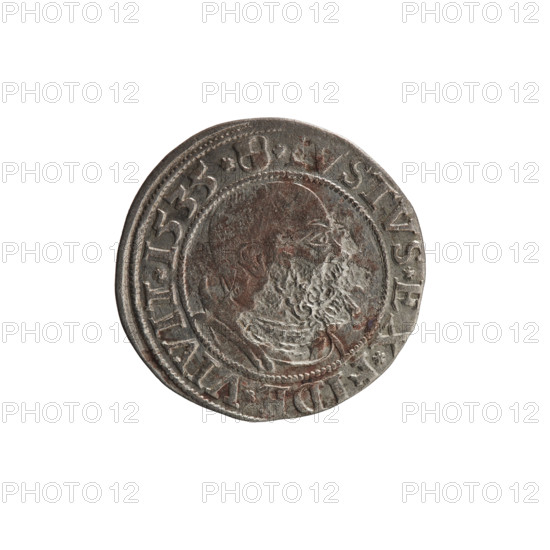 grosz, Decius, Jost Ludwik (fl. 1528-1535); obverse: Prussian eagle, on its chest a crowned letter S; in rim between pearl borders an inscription beginning with a rosette ALBER*, *MAR*BRAN*D, *PRVSS; reverse: male bust in armor in profile turned to the right, short hair, beard with sideburns; in rim between the pearl borders an inscription beginning with the Hohenzollern coat of arms*, STVS*EX*FID, VIVIT*I535*; 1535; Ducal Prussia (1525–1701), Königsberg; coin (grosz), diameter 23.4 mm, weight 1.85 g, axis 45°; iconography: eagles, Albert of Prussia (Prince of Prussia; 1490–1568), Hohenzollern (coat of arms), male busts in armor.