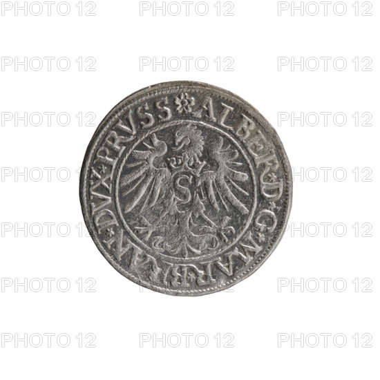 grosz, Decius, Jost Ludwik (fl. 1528–1535). Obverse: Prussian eagle; on its chest a crowned letter S. In the rim between the pearl borders an inscription beginning with a rosette ALBER*D*G*MAR*BRAN*DVX*PRVSS. Reverse: male bust in armor in profile turned to the right, short hair, beard with sideburns; in the rim between the pearl borders an inscription beginning with the Hohenzollern coat of arms and between the words trefoils IVSTVS EX FIDE VIVIT. 1535. Ducal Prussia (1525–1701), Königsberg. Coin; diameter 23.4 mm; weight 1.86 g; axis 0°.