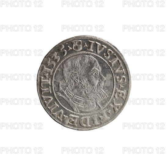 grosz, Decius, Jost Ludwik (fl. 1528-1535). Eagles; Albrecht Hohenzollern (Prince of Prussia; 1490–1568) — iconography. Obverse: male bust in armor; Hohenzollern coat of arms; Prussian eagle on chest with a crowned letter S; rim inscription beginning with a rosette: ALBER*D*G*MAR*BRAN*DVX*PRVSS. Reverse: male bust in armor in profile to the right, short hair, beard with sideburns; rim inscription beginning with the Hohenzollern coat of arms and reading between trefoils IVSTVS EX FIDE VIVIT; dated 1535. Ducal Prussia (1525–1701), Königsberg. Coin: diameter 23.4 mm, weight 1.86 g, axis 0°.