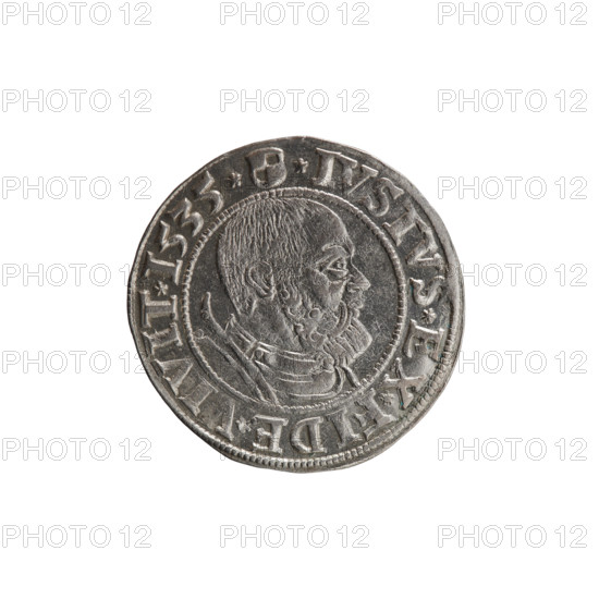 Decius Grosz, Jost Ludwik (fl. 1528–1535). 1535. Coin (Königsberg, Ducal Prussia). Obverse: Prussian eagle; on his chest a crowned letter S. In the rim between the pearl borders an inscription beginning with a rosette ALBER*D*G*MAR*BRAN*DVX*PRVS. Reverse: Male bust in armor in profile turned to the right, short hair, beard with sideburns; in the rim between the pearl borders an inscription beginning with the Hohenzollern coat of arms *IVSTVS*EX*FIDE*VIVIT*I535*. Diameter 23.0 mm; weight 2.00 g; axis 90°.