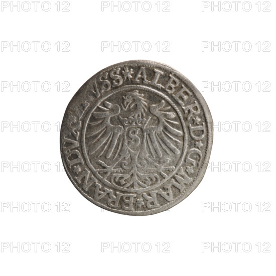 grosz, Decius, Jost Ludwik (fl. 1528-1535); Obv.: Prussian eagle, on its chest a crowned letter S; in the rim between the pearl borders an inscription beginning with a rosette, ALBER*D*G*MAR*, AN*, VSS. Reverse: male bust in armor in profile turned to the right, short hair, beard with sideburns; in the rim between the pearl borders an inscription beginning with the Hohenzollern coat of arms*I, VS*EX*FIDE, VIVIT*I535*. Subject: Albert of Prussia (Prince of Prussia; 1490–1568) — iconography. Date: 1535. Place: Ducal Prussia (1525–1701), Königsberg. Object: coin (grosz); diameter 23.3 mm; weight 1.91 g; axis 0°.