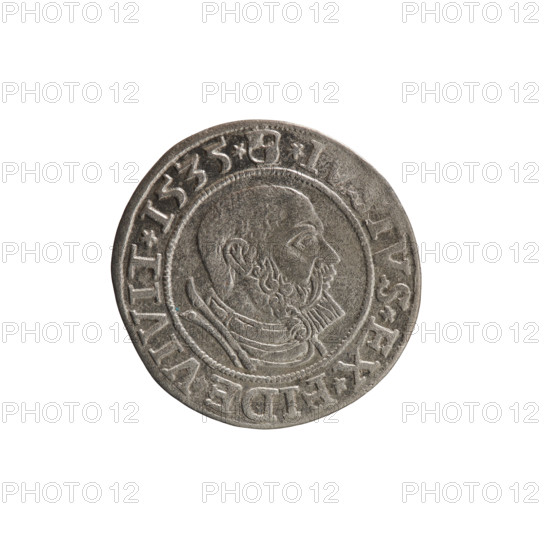 grosz, Decius, Jost Ludwik (fl. 1528-1535), eagles, Albert of Prussia (Prince of Prussia; 1490-1568) - iconography, male busts in armor, Hohenzollern (coat of arms). Obverse: Prussian eagle, on its chest a crowned letter S. In the rim between the pearl borders an inscription beginning with a rosette, ALBER*D*G*MAR*, AN*, VSS. Reverse: Male bust in armor in profile turned to the right, short hair, beard with sideburns. In the rim, between the pearl borders, an inscription beginning with the Hohenzollern coat of arms *I, VS*EX*FIDE, VIVIT*I535*. 1535, Ducal Prussia (1525–1701), Königsberg. Coin: diameter 23.3 mm, weight 1.91 g, axis 0°.