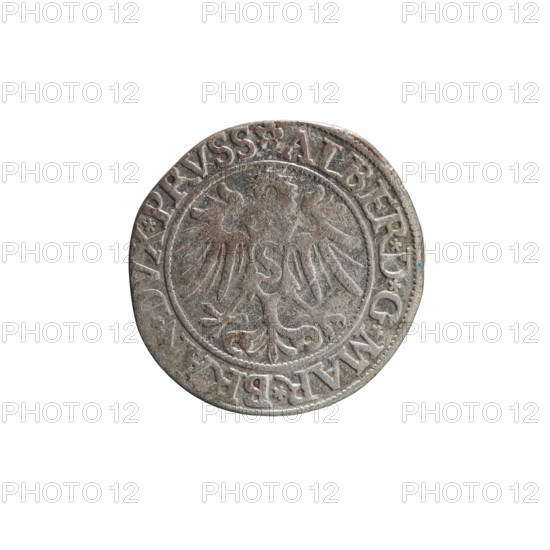 grosz, Decius, Jost Ludwik (fl. 1528-1535); eagles; Albrecht Hohenzollern (Prince of Prussia; 1490–1568) — iconography; male busts in armor; Hohenzollern coat of arms. Obverse: Prussian eagle, on his chest a crowned letter S; in the rim between the pearl borders an inscription beginning with a rosette ALBER*D*G*MAR*BRAN*DVX*PRVSS. Reverse: male bust in armor in profile turned to the right, short hair, beard with sideburns; in the rim, between the pearl borders, an inscription beginning with the Hohenzollern coat of arms *IVSTVS*EX*FIDE*VIVIT*I535*. Date: 1535. Place: Ducal Prussia (1525–1701), Königsberg. Object: coin; diameter 23.0 mm; weight 1.66 g; axis 270°.