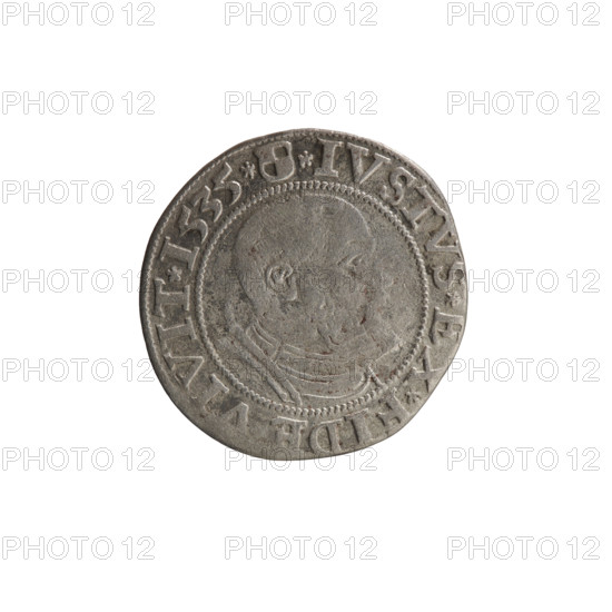 Decius Grosz, Jost Ludwik (fl. 1528–1535). Coin (Ducal Prussia, Königsberg), 1535. Silver, diameter 23.0 mm, weight 1.66 g, axis 270°. Obverse: Prussian eagle; on its chest a crowned letter S; in rim between pearl borders an inscription beginning with a rosette ALBER*D*G*MAR*BRAN*DVX*PRVSS. Reverse: male bust in armor in profile to the right, short hair, beard with sideburns; in rim between pearl borders an inscription beginning with the Hohenzollern coat of arms *IVSTVS*EX*FIDE*VIVIT*I535*. Iconography: Albrecht Hohenzollern (Prince of Prussia; 1490–1568), eagles, male busts in armor, Hohenzollern coat of arms.