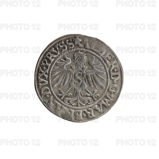 Artist: Grosz, Decius, Jost Ludwik (fl. 1528–1535). Subject: Albrecht Hohenzollern (Prince of Prussia; 1490–1568). Type: Ducal Prussia coin (Königsberg), 1535. Description: Obverse — Prussian eagle; on its chest a crowned letter S; in the rim between pearl borders an inscription beginning with a rosette ALBER*D*G*MAR*BRAN*DVX*PRVSS. Reverse — Male bust in armor in profile turned right, short hair, beard with sideburns; in the rim between pearl borders an inscription beginning with the Hohenzollern coat of arms, TVS*EX*FIDE, VIVIT* I535*. Materials/measurements: coin; diameter 23.2 mm; weight 1.96 g; axis 300°.