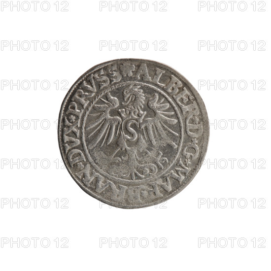 grosz, Decius, Jost Ludwik (fl. 1528–1535). Coin (1535), Ducal Prussia (1525–1701), Königsberg. Obverse: Prussian eagle; on its chest a crowned letter S. In the rim between the pearl borders an inscription beginning with a rosette: ALBER*D*G*MAR*BRAN*DVX*PRVSS. Reverse: Male bust in armor in profile turned to the right, short hair, beard with sideburns; on the rim between the pearl borders an inscription beginning with the Hohenzollern coat of arms: *IVSTVS*EX*FIDE*VIVIT*I535*. Coin diameter 23.0 mm, weight 1.94 g, axis 135°.