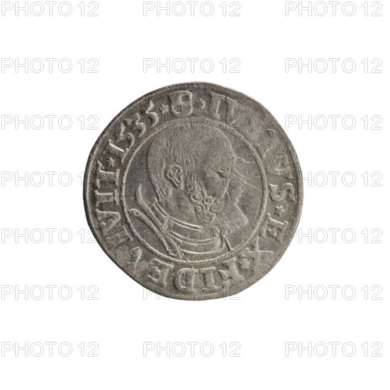 Grosz, Decius, Jost Ludwik (fl. 1528–1535). Coin, Ducal Prussia (1525–1701), Königsberg, 1535. Obverse: Prussian eagle; on its chest a crowned letter S. In the rim between the pearl borders an inscription beginning with a rosette: ALBER*D*G*MAR*BRAN*DVX*PRVSS. Reverse: male bust in armor in profile facing right, short hair, beard with sideburns. On the rim between the pearl borders an inscription beginning with the Hohenzollern coat of arms: *IVSTVS*EX*FIDE*VIVIT*I535*. Diameter 23.0 mm; weight 1.94 g; axis 135°.