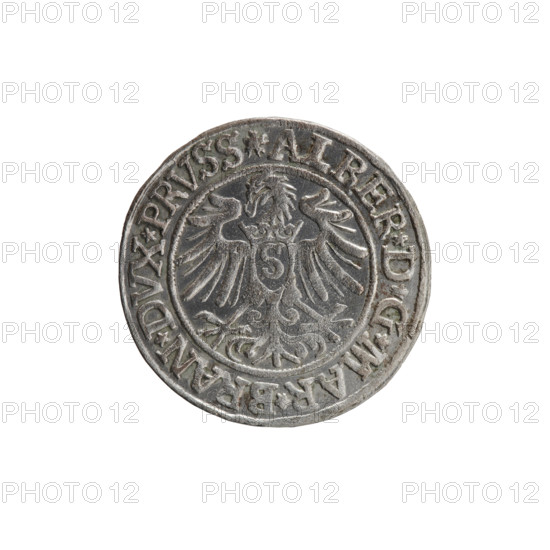 grosz, Decius, Jost Ludwik (fl. 1528–1535), Albrecht Hohenzollern (Prince of Prussia; 1490–1568) — iconography: eagles, Hohenzollern (coat of arms), male busts in armor. Obverse: Prussian eagle, on its chest a crowned letter S; in the rim between the pearl borders an inscription beginning with a rosette in the shape of a cornflower ALBER*D*G*MAR*BRAN*DVX*PRVSS. Reverse: male bust in armor in profile turned to the right, short hair, beard with sideburns; in the rim, between the pearl borders, an inscription beginning with the Hohenzollern coat of arms: *IVSTVS*EX*FIDE*VIVI, I535*, 1535. Ducal Prussia (1525–1701), Königsberg; coin: diameter 23.5 mm, weight 2.03 g, axis 225°.