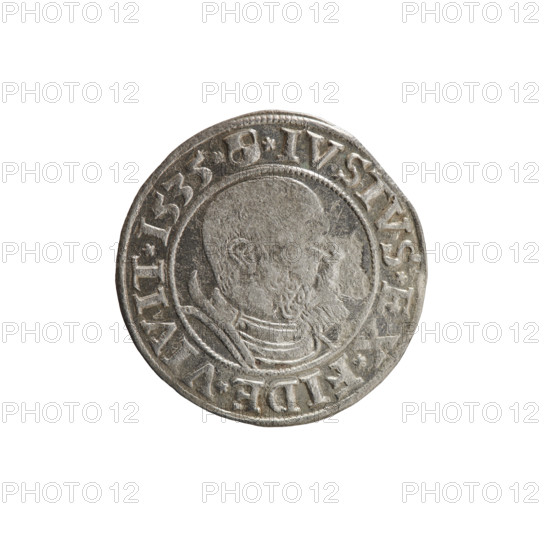 Decius Grosz, Jost Ludwik (fl. 1528–1535). 1535. Silver coin (Ducal Prussia, Königsberg). Diameter 23.6 mm; weight 1.90 g; axis 315°. Obverse: Prussian eagle; on its chest a crowned letter S. In the rim between the pearl borders an inscription beginning with a rosette ALBER*D*G*MAR*BRAN*DVX*PRVS. Reverse: Male bust in armor in profile to the right, short hair, beard with sideburns. On the rim, between the pearl borders, an inscription beginning with the Hohenzollern coat of arms *IVSTVS*, *FIDE*VIVIT*I535*. Iconography: Albert of Prussia (Prince of Prussia; 1490–1568); Hohenzollern (coat of arms); male busts in armor.
