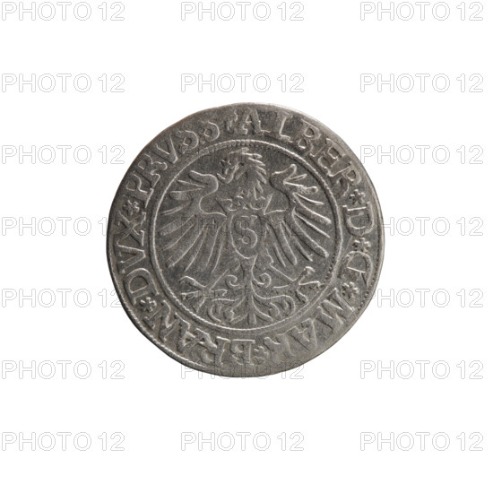Decius, Jost Ludwik (fl. 1528–1535). Coin, 1535. Obverse: Prussian eagle; on its chest a crowned letter S; in the rim between pearl borders an inscription beginning with a rosette, ALBER*D*G*MA, *BRAN*DVX*PRVSS. Reverse: male bust in armor in profile to the right, short hair, beard with sideburns; in the rim between pearl borders an inscription beginning with the Hohenzollern coat of arms *IVSTVS*EX*FIDE*VIVIT*I535*. Albrecht Hohenzollern (Prince of Prussia; 1490–1568) — iconography, male busts in armor, Hohenzollern coat of arms. Ducal Prussia (1525–1701), Königsberg. Coin: diameter 23.2 mm; weight 1.93 g; axis 200°.