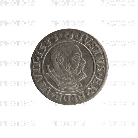 Decius Grosz, Jost Ludwik (fl. 1528–1535). 1535. Coin (Ducal Prussia, Königsberg). Diameter 23.2 mm; weight 1.93 g; axis 200°. Obverse: Prussian eagle; on its chest a crowned letter S; in rim between pearl borders an inscription beginning with a rosette, 'ALBER*D*G*MA, *BRAN*DVX*PRVSS'. Reverse: Male bust in armor in profile to right, short hair, beard with sideburns; in rim between pearl borders an inscription beginning with the Hohenzollern coat of arms, '*IVSTVS*EX*FIDE*VIVIT*I535*'. Iconography: Albrecht Hohenzollern (Prince of Prussia; 1490–1568), eagles, male busts in armor, Hohenzollern coat of arms.