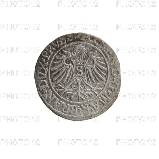 Grosz, Decius, Jost Ludwik (fl. 1528–1535); Albrecht Hohenzollern (Prince of Prussia; 1490–1568). Coin, 1535. Obverse: Prussian eagle, on its chest a crowned letter S; in the rim between pearl borders an inscription beginning with a rosette in the shape of a cornflower, D*G*MAR*BRAN*DVX*PRV. Reverse: male bust in armor in profile to the right, short hair, beard with sideburns; in the rim between pearl borders an inscription beginning with the Hohenzollern coat of arms *IVSTVS*EX*FIDE*VIVIT*I535*. Ducal Prussia (1525–1701), Königsberg. Coin: diameter 22.7 mm, weight 1.73 g, axis 50°.