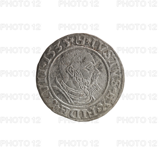 Decius Grosz, Jost Ludwik (fl. 1528–1535). 1535. Ducal Prussia (Königsberg). Coin (diameter 22.7 mm, weight 1.73 g, axis 50°). Obverse: Prussian eagle, on its chest a crowned letter S; in rim between pearl borders an inscription beginning with a rosette in the shape of a cornflower, 'D*G*MAR*BRAN*DVX*PRV'. Reverse: male bust in armor in profile to the right, short hair, beard with sideburns; in rim between pearl borders an inscription beginning with the Hohenzollern coat of arms, 'IVSTVS*EX*FIDE*VIVIT*I535*'. Hohenzollern (coat of arms); iconography: eagles, male busts in armor.