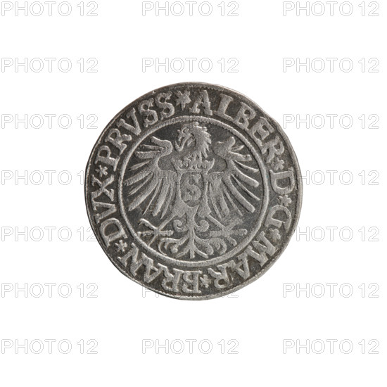 Decius Grosz, Jost Ludwik (fl. 1528–1535). Silver coin, 1535, Ducal Prussia (Königsberg). Obverse: Prussian eagle; on its chest a crowned letter S. In the rim between the pearl borders an inscription beginning with a rosette in the shape of a cornflower: 'ALBER*D*G*MAR*BRAN*DVX*PRVSS'. Reverse: male bust in armor in profile to the right, short hair, beard with sideburns; in the rim between the pearl borders an inscription beginning with the Hohenzollern coat of arms: '*IVSTVS*EX*FIDE*VIVIT*I535*'. Diameter 23.2 mm; weight 1.93 g; axis 200°.