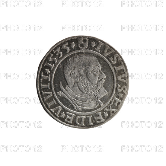Decius Grosz, Jost Ludwik (fl. 1528–1535). Silver coin, 1535, Ducal Prussia (Königsberg). Obverse: Prussian eagle, on its chest a crowned letter S; in rim between pearl borders an inscription beginning with a rosette in the shape of a cornflower: ALBER*D*G*MAR*BRAN*DVX*PRVSS. Reverse: male bust in armor in profile to the right, short hair, beard with sideburns; in rim between pearl borders beginning with the Hohenzollern coat of arms: *IVSTVS*EX*FIDE*VIVIT*I535*. Hohenzollern (coat of arms); iconography: eagles, male busts in armor; diameter 23.2 mm; weight 1.93 g; axis 200°.