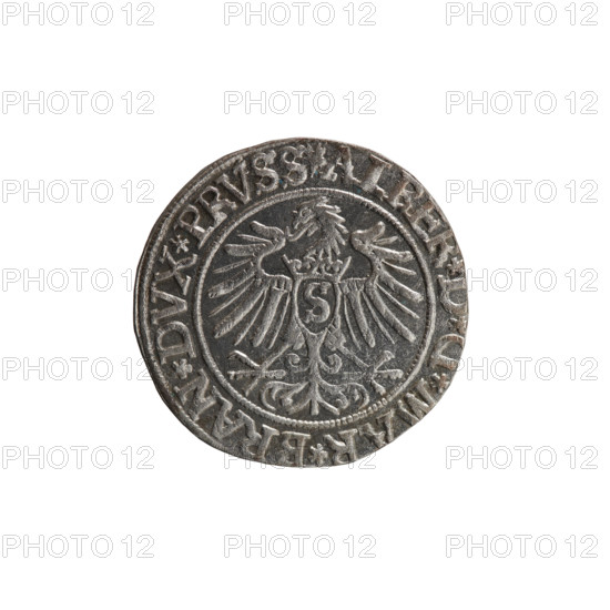 grosz, Decius, Jost Ludwik (fl. 1528–1535), Albert of Prussia (Prince of Prussia; 1490–1568) — iconography: eagles, Hohenzollern (coat of arms), male busts in armor. Obverse: Prussian eagle; on his chest a crowned letter S. In the rim between the pearl borders an inscription beginning with a rosette in the shape of a cornflower: ALBER*, *, *MAR*BRAN*DVX*PRVSS. Reverse: male bust in armor in profile turned to the right, short hair, beard with sideburns. On the rim, between the pearl borders, an inscription beginning with the Hohenzollern coat of arms: *IVSTVS*EX*FIDE*VIVIT*I535*. Date: 1535. Place/style: Ducal Prussia (1525–1701), Königsberg. Object: coin; diameter 22.8 mm; weight 1.82 g; axis 45°.