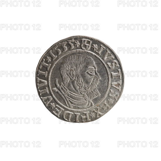 grosz, Decius, Jost Ludwik (fl. 1528–1535); Albert of Prussia (Prince of Prussia; 1490–1568) — iconography: eagles, Hohenzollern (coat of arms), male busts in armor. Obverse: Prussian eagle, on his chest a crowned letter S; in the rim between the pearl borders an inscription beginning with a rosette in the shape of a cornflower, ALBER*, *, *MAR*BRAN*DVX*PRVSS. Reverse: male bust in armor in profile turned to the right, short hair, beard with sideburns; on the rim, between the pearl borders, an inscription beginning with the Hohenzollern coat of arms: *IVSTVS*EX*FIDE*VIVIT*I535*. 1535; Ducal Prussia (1525–1701), Königsberg; coin: diameter 22.8 mm, weight 1.82 g, axis 45°.